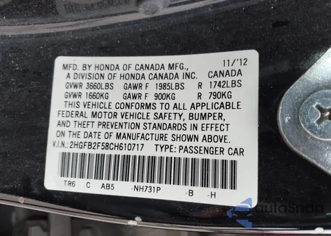 2012 Honda Civic Sdn Lx from USA, damaged, VIN 2HGFB2F58CH610717